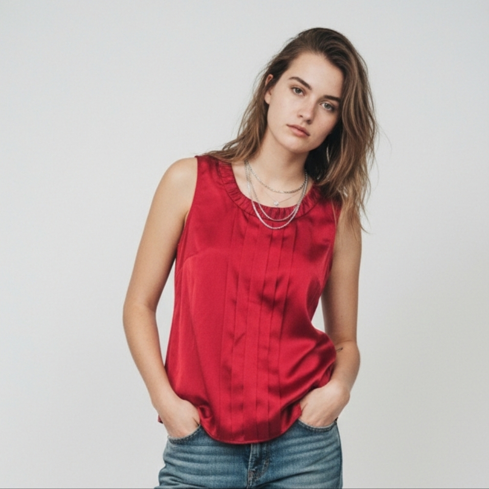 212 Collection Red Satin Tank Pleated Sleeveless S